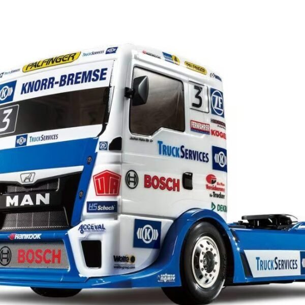 Hahn-tastic!!! This is an exciting R/C model assembly kit recreating the Team Hahn Racing MAN TGS truck which stars on the truck racing circuit in Europe. The realistic body is a 4-piece set made from lightweight and durable polycarbonate, with separately molded plastic side mirrors, coupler and rear bumper parts. The TT-01 Type-E chassis is a proven performer, and here is fitted with dedicated new wheels and tires for the model.